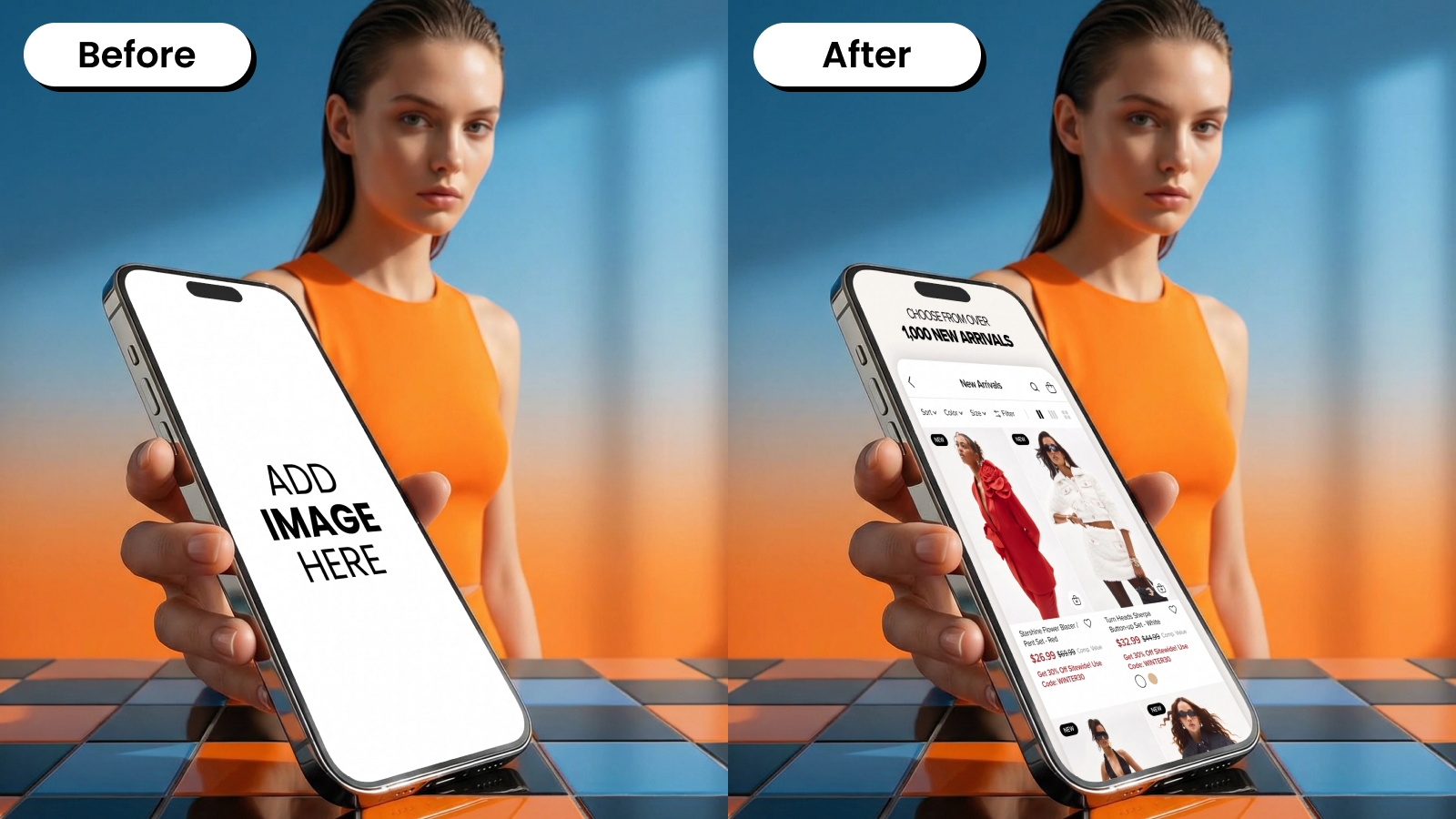 Before and after of a woman holding an iPhone mockup against a bold studio background.